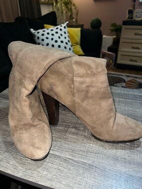 Nine West Taupe Suede Stacked Heel Ankle Boots